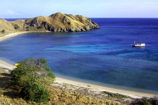 Vue panoramique d'une baie immaculée, probablement Pink Beach, dans le parc national de Komodo, avec des collines sèches et dorées, une eau bleu-turquoise cristalline et un bateau touristique ancré.