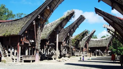 Rangée de maisons traditionnelles Tongkonan aux toits en forme de bateau dans un village Toraja à Sulawesi, Indonésie, sous un ciel bleu.